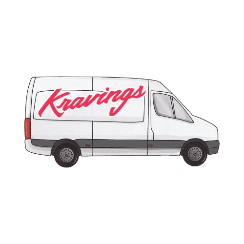 A white van with the word kravings on the side.