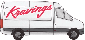 A white van with the word kravings on the side