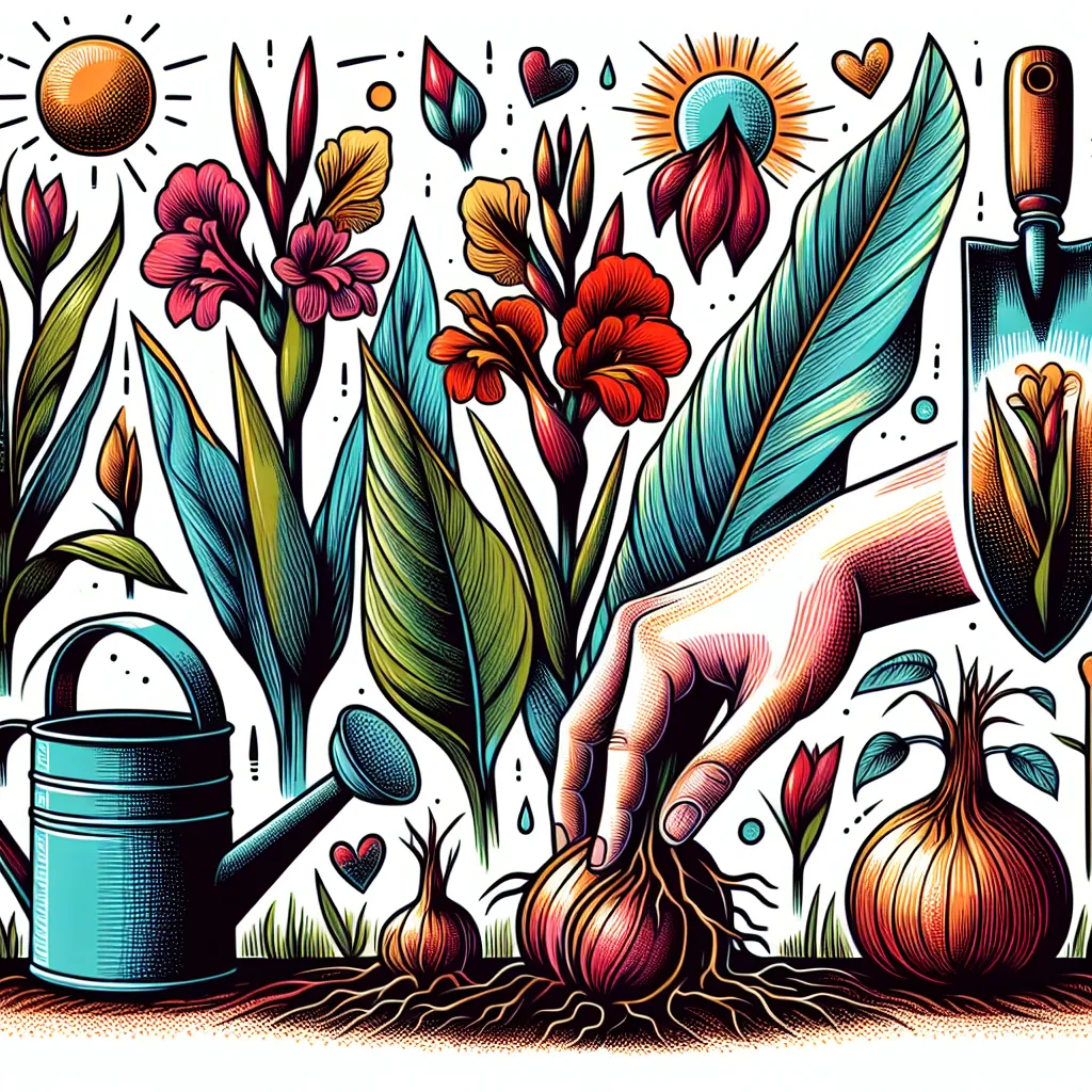 A hand is planting an onions in a garden surrounded by flowers and gardening tools.