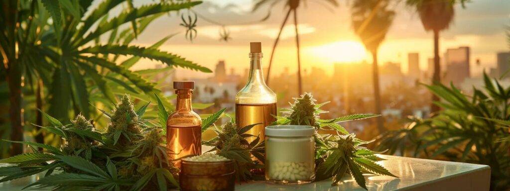 a vibrant arrangement of cannabis products set against a backdrop of california cityscapes and sunlit palm trees, symbolizing community and shared passion.