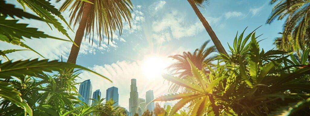 a vibrant arrangement of premium cannabis products showcases the essence of california living, framed by sunlit cityscapes and swaying palm trees, symbolizing a harmonious blend of sustainability and community values.