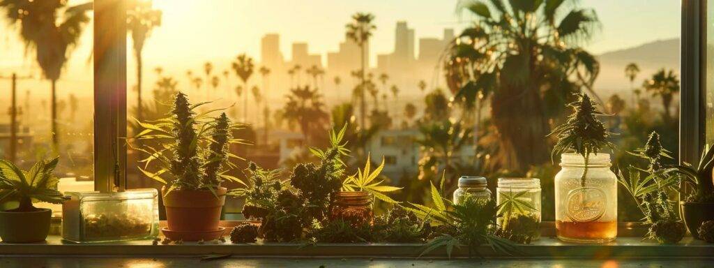 a vibrant arrangement of premium cannabis products is set against a sunlit california cityscape adorned with palm trees, reflecting the latest updates and exclusive offers from the dispen kravings club.