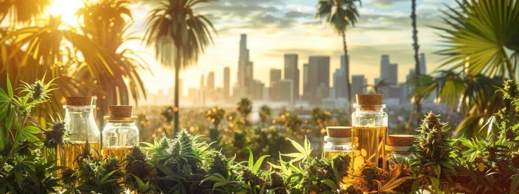 a vibrant composition showcasing an array of cannabis products meticulously arranged in the foreground, set against a sunlit california cityscape adorned with palm trees, evoking a sense of lifestyle and community.