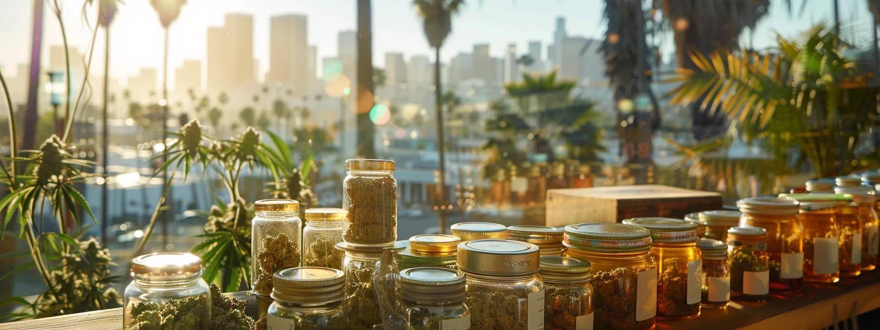 a vibrant display of assorted cannabis products artfully arranged in the foreground, set against a sunlit california cityscape with palm trees, capturing the essence of the local weed shop scene.