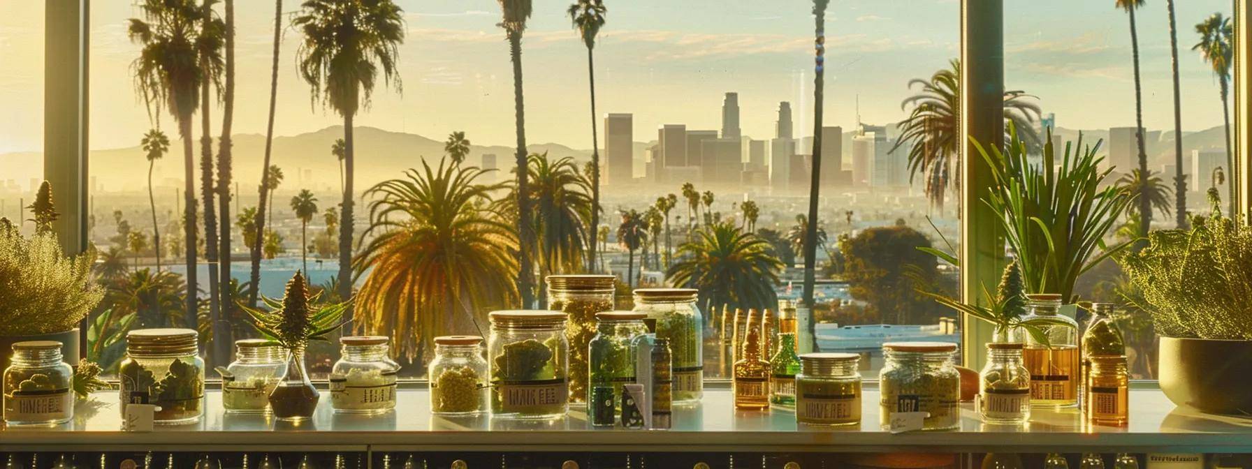 a vibrant display of cannabis products artfully arranged in the foreground, with a backdrop of a sun-drenched california cityscape and swaying palm trees, embodying the seamless integration of location-based services for vaping enthusiasts.