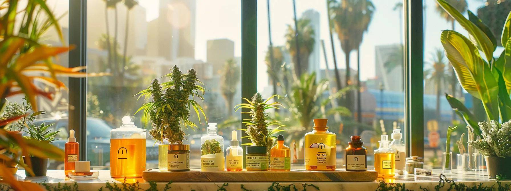 a vibrant display of cannabis products artfully arranged in front of a sunlit california cityscape, complete with swaying palm trees, encapsulating a welcoming and knowledgeable atmosphere for local vape shop visitors.