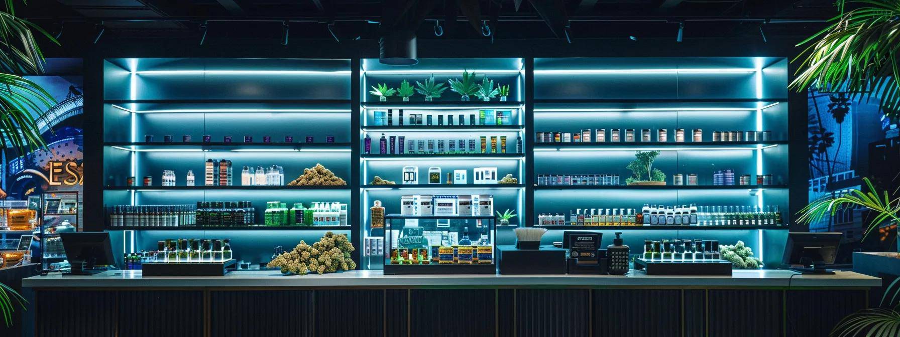 a vibrant display of cannabis products elegantly arranged against a backdrop of california cityscapes and swaying palm trees, embodying the convenience and accessibility of local vape shops.