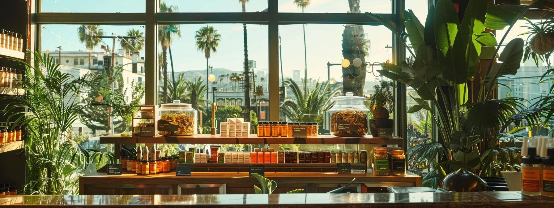 a vibrant display of cannabis products meticulously arranged against a backdrop of sun-soaked california cityscapes and swaying palm trees, evoking a welcoming and trendy atmosphere.