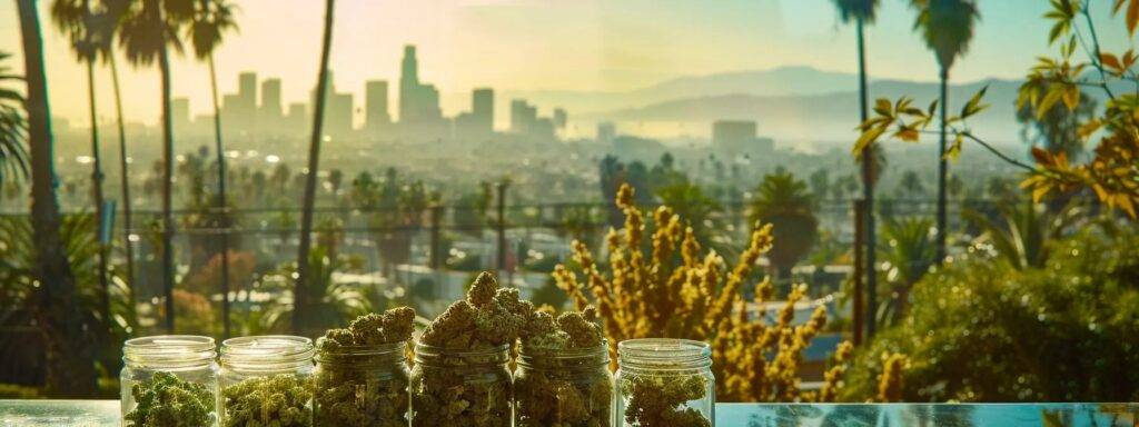 a vibrant display of cannabis products artfully arranged in the foreground, accented by a sun-soaked california cityscape complete with swaying palm trees in the background, symbolizing the exclusive benefits of the dispen kravings club.