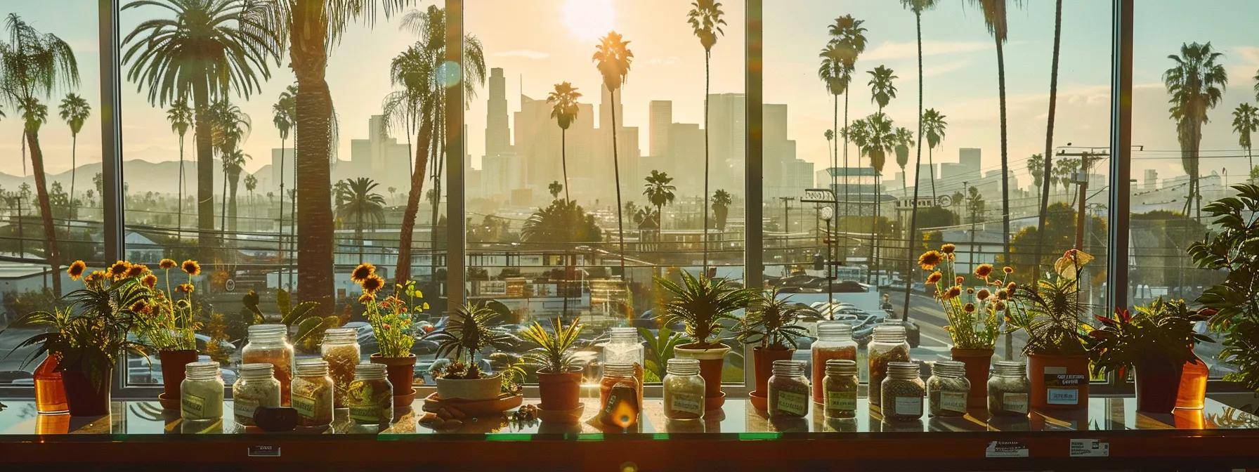 a vibrant display of cannabis products elegantly arranged in the foreground, with a backdrop showcasing a sunlit california cityscape adorned with lush palm trees, capturing the essence of local vape culture.