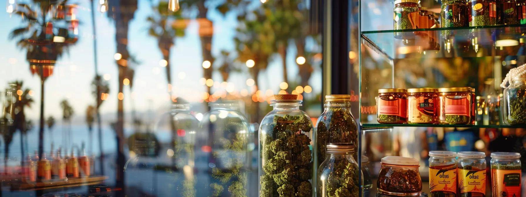 a vibrant display of meticulously arranged cannabis products stands out against a soft-focus backdrop of california-inspired cityscapes and palm trees, embodying the essence of local cannabis culture.