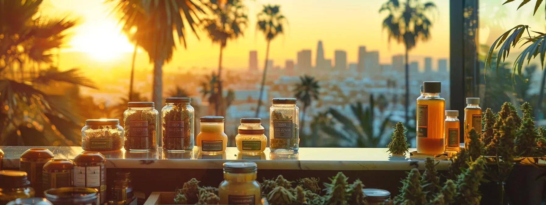 a vibrant display of premium cannabis products elegantly arranged against a backdrop of california cityscapes and swaying palm trees, capturing the essence of local trends and community engagement.