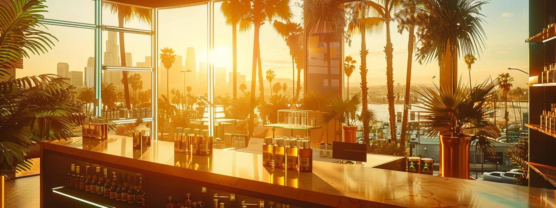 a vibrant display of premium cannabis products arranged perfectly against a backdrop of sun-drenched california cityscapes and palm trees, symbolizing the key factors of quality and choice in selecting a vape shop.