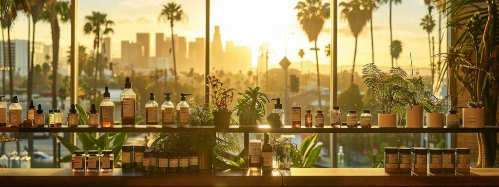a vibrant display of premium cannabis products is elegantly arranged against a backdrop of sunlit california cityscapes and swaying palm trees, capturing the essence of the dispen kravings club's exciting experiences and community engagement.