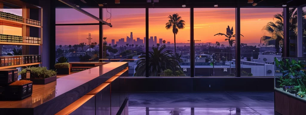 a sleek office setting showcases a display of cannabis products in elegant packaging, with a backdrop of a vibrant california cityscape featuring modern architecture and iconic palm trees, symbolizing efficient service and competitive pricing in the courier industry.