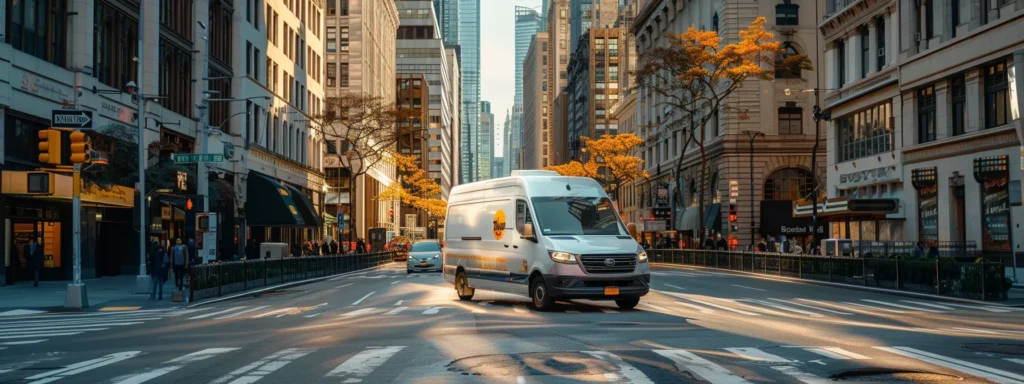 a vibrant urban setting showcases a sleek courier van amid the bustling streets of new york city, with secure packages and weight-sensitive documents prominently displayed, emphasizing the theme of reliability in courier services against a backdrop of iconic skyscrapers and palm trees.