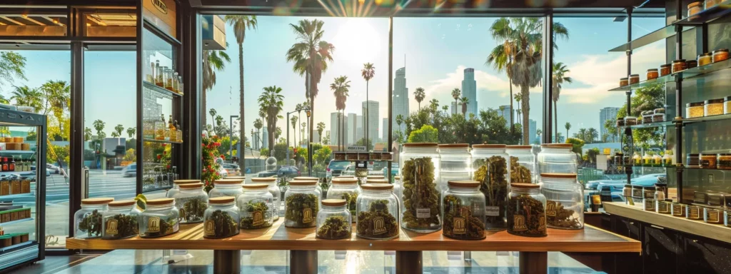a vibrant urban storefront showcases neatly arranged cannabis products against a backdrop of iconic california cityscapes, with palm trees framing the modern architecture.