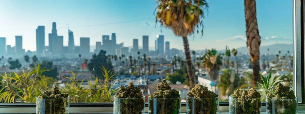 a professional display of premium cannabis products artfully arranged in the foreground, framed by a vibrant california cityscape with iconic palm trees under a clear blue sky, emphasizing the modern and streamlined nature of easy delivery services.
