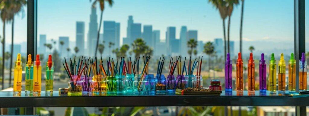 a sleek arrangement of colorful cbd vape pens and cbd-infused products is prominently displayed in the foreground, contrasted against a vibrant california cityscape filled with stylish architecture and palm trees, capturing both the trendy and therapeutic essence of modern cannabis culture.
