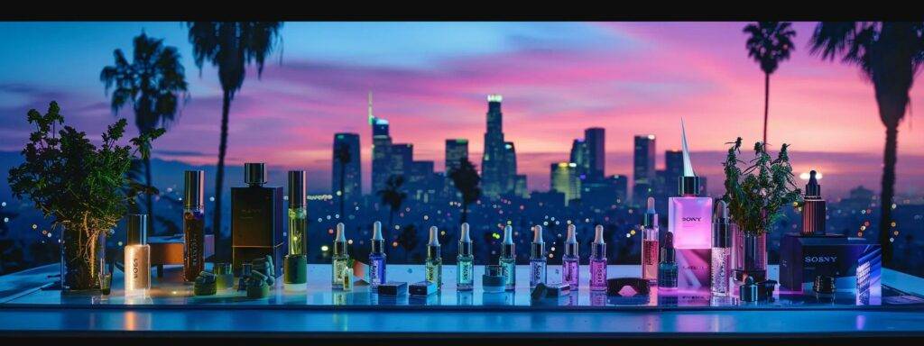 a vibrant display of sleek cbd vape pens and cannabis products artfully arranged against a dynamic backdrop of california cityscapes and iconic palm trees, encapsulating the evolution of the industry with a modern touch.