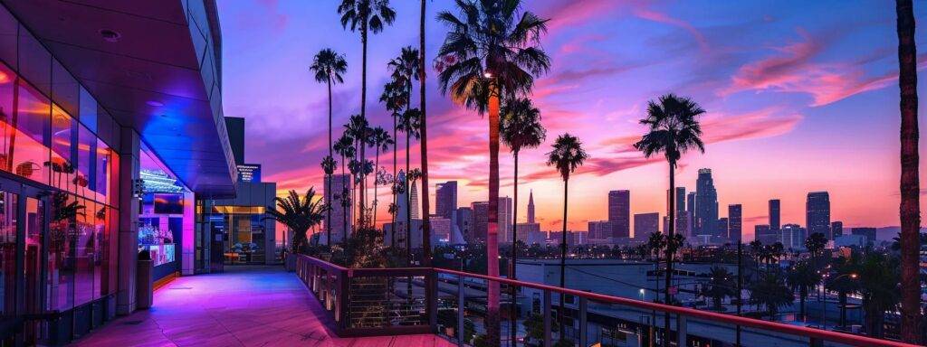 a vibrant display of tutti flavor cbd vape pens and cannabis products is set against a stylish california cityscape, complete with modern architecture and iconic palm trees, highlighting the innovative intersection of cannabis culture and urban lifestyle.