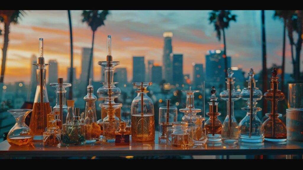 a polished display of various types of dab rigs, including traditional glass, electronic e-rigs, and portable models, is set against a vibrant california cityscape with palm trees, highlighting the diverse styles and functions of these cannabis consumption devices.