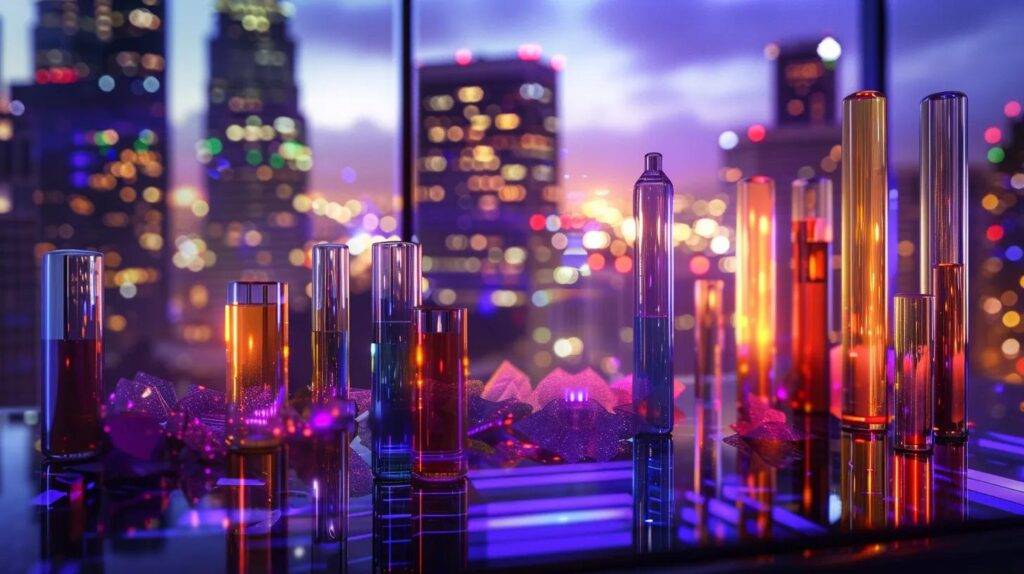 a sleek arrangement of modern dab pens and concentrated cannabis extracts takes center stage against a vibrant california urban skyline, captured with high contrast lighting to emphasize their cutting-edge design and rich colors.