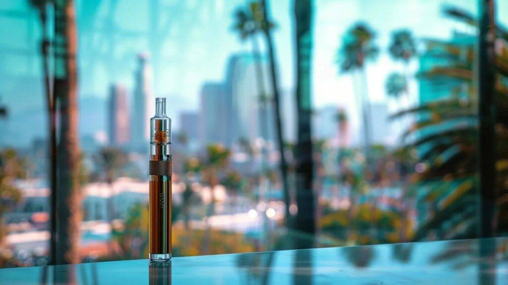 a sleek dual chamber vape lies prominently in the foreground, surrounded by high-quality cannabis products, with a vibrant california cityscape and iconic palm trees blurred in the background, showcasing the modernity and sophistication of cannabis consumption technology.