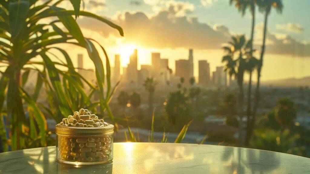 a sleek, modern arrangement of white truffle high thc capsules prominently displayed against a vibrant california cityscape, featuring stylized urban architecture and subtle palm tree silhouettes in the background to emphasize the sophistication of cannabis products.