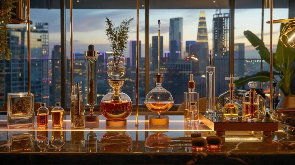 a sleek, modern indoor setting features an array of sophisticated dab rigs and cannabis concentrates, artfully arranged against a backdrop of vibrant california cityscapes, ensuring focus on the precise temperature controls and safety equipment essential for an optimal dabbing experience.