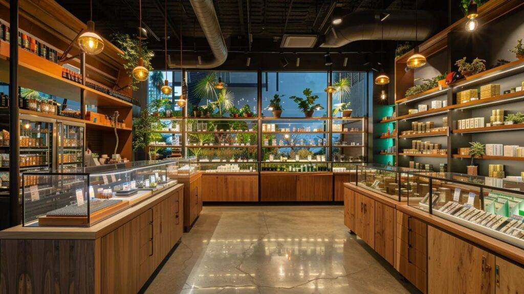 a sleek, urban cannabis dispensary showcases a vibrant array of meticulously arranged cannabis products against a backdrop of stylish california-inspired cityscapes and palm trees, emphasizing the expertise of knowledgeable staff ready to guide customers in their choices.