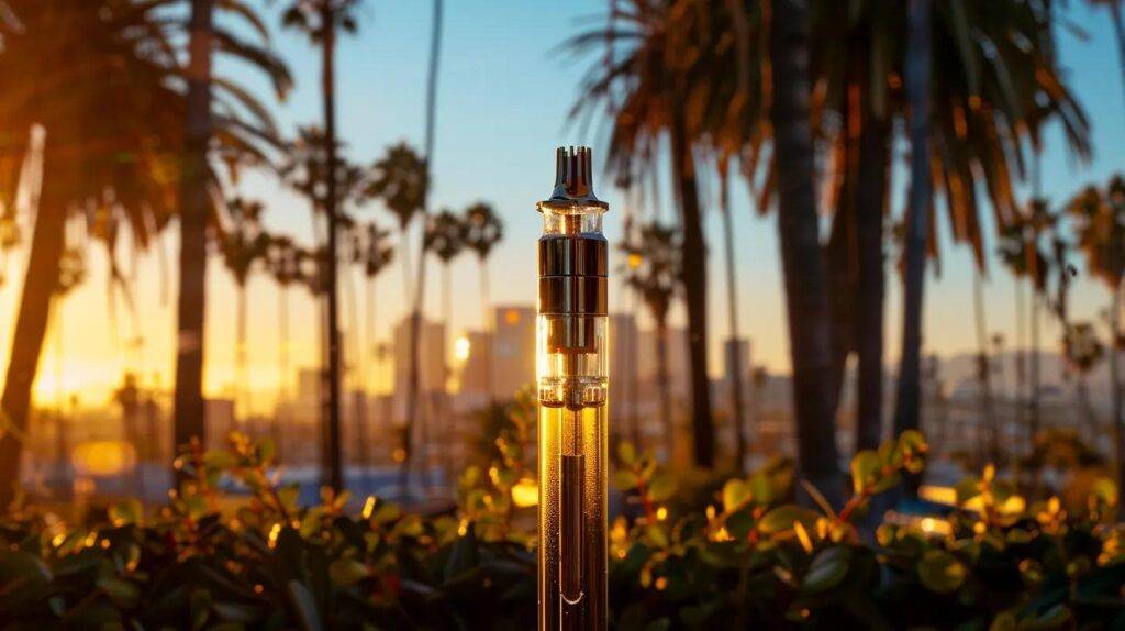 a striking composition showcases the sleek randy watzon #13 dab pen, featuring its modular design and advanced heating element, elegantly displayed against a vibrant california cityscape with palm trees in the background, emphasizing a modern, sophisticated dabbing experience.
