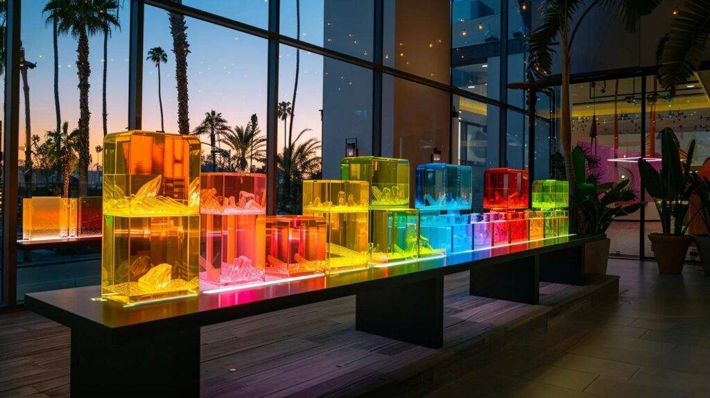 a striking display of colorful live resin carts elegantly arranged on a sleek table, set against a vibrant west covina urban backdrop featuring iconic california architecture and palm trees.