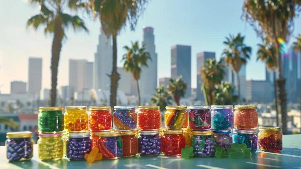 a striking display of wyld cbd gummies, featuring vibrant packaging, is artfully arranged against a backdrop of iconic california cityscapes and palm trees, highlighting the modern appeal of these therapeutic edibles.