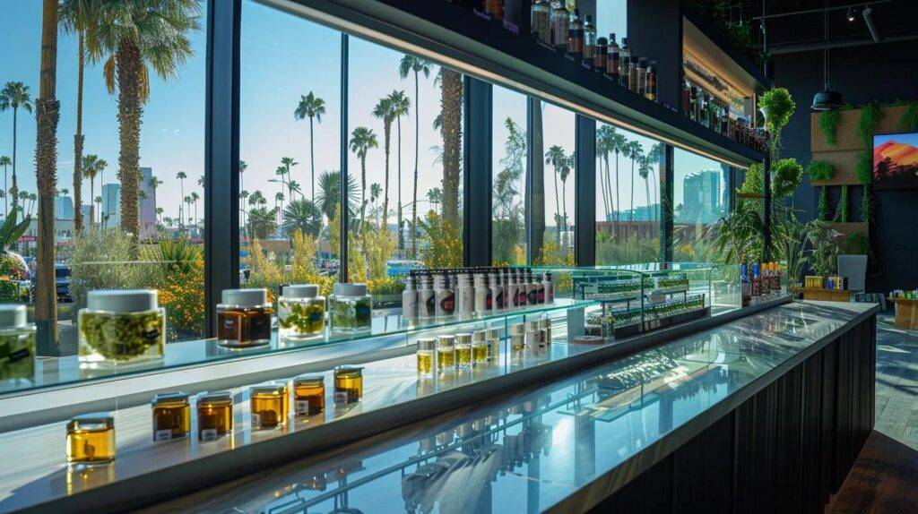 a vibrant and professional display of white widow strain, wyld cbd gummies, and plug n play vape products is arranged artistically in a modern urban setting, accented by a backdrop of california cityscapes and palm trees.