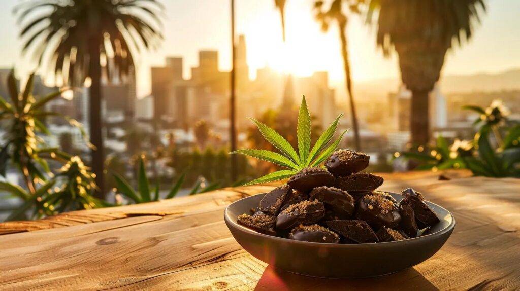 a vibrant arrangement of kiva chocolates sits prominently in the foreground, expertly displayed against a chic backdrop of a sunlit california cityscape adorned with silhouettes of palm trees, capturing the sophisticated fusion of gourmet cannabis edibles and urban lifestyle.