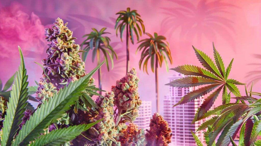 a vibrant arrangement of premium cannabis products is showcased against a sleek urban backdrop featuring california-inspired cityscapes and palm trees, highlighting the luxurious convenience of kravings delivery.
