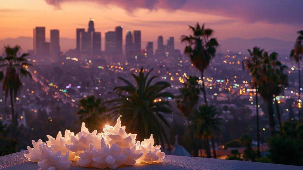 a vibrant arrangement of white gummy big chief cannabis products is displayed against a stylish urban backdrop of a california cityscape, featuring iconic palm trees that evoke a creative and relaxed atmosphere.
