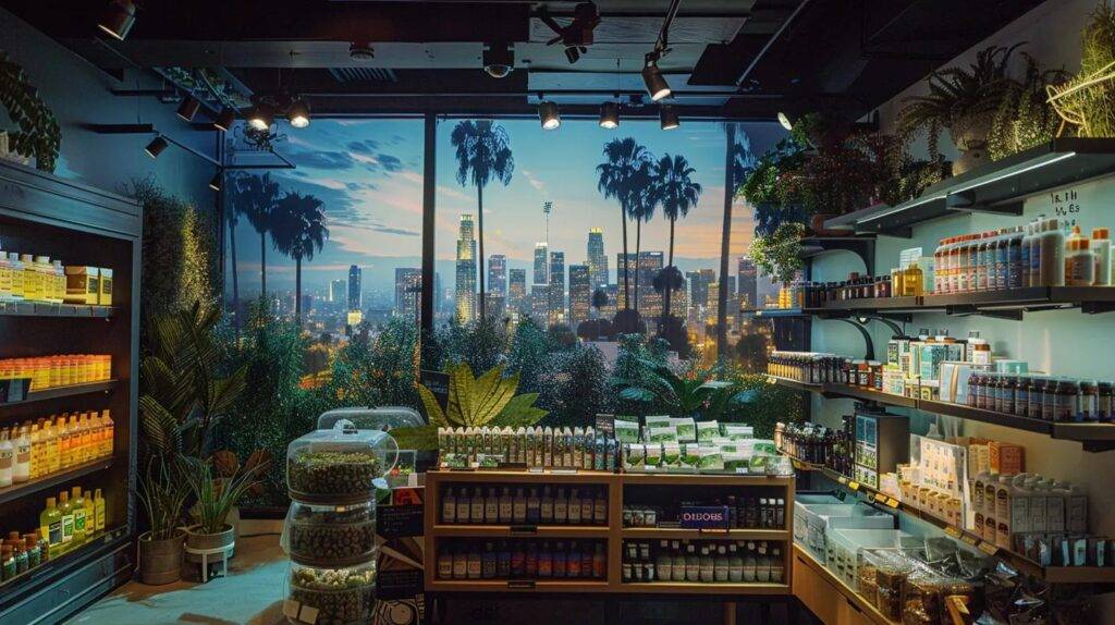 a vibrant display of assorted cannabis products is artfully arranged against a backdrop of iconic los angeles cityscapes, featuring a blend of urban architecture and palm trees, highlighting the diverse delivery coverage across the city.