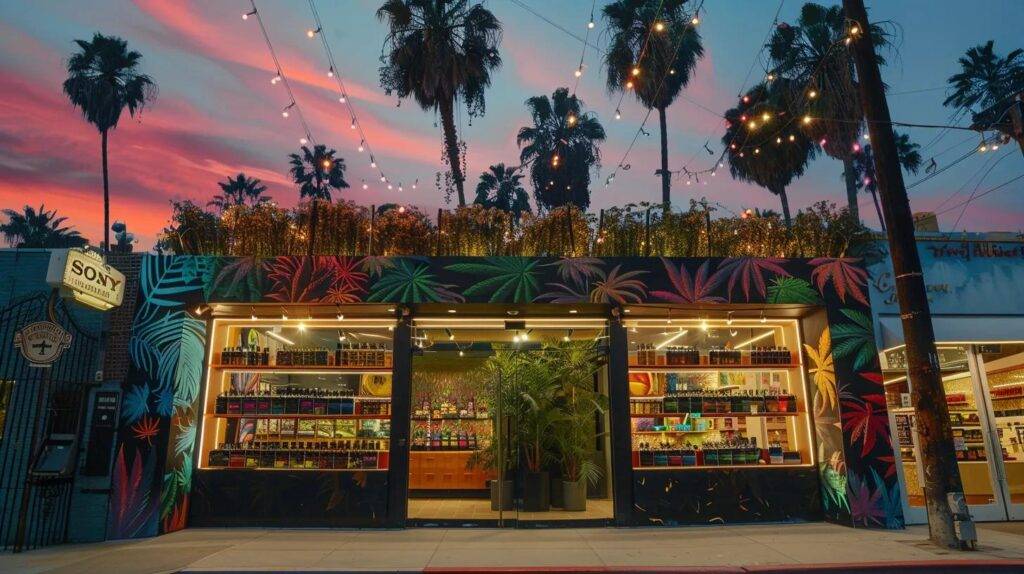 a vibrant display of authentic cannabis products is showcased against a backdrop of a bustling los angeles street, featuring iconic palm trees and colorful urban architecture, highlighting the city's rich cannabis culture.