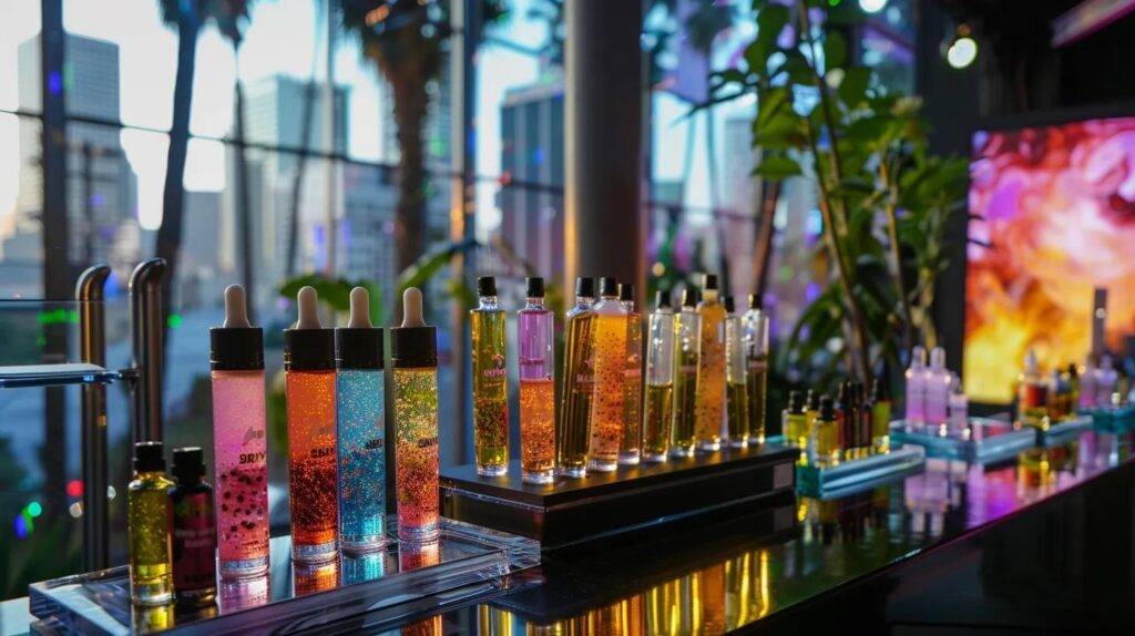 a vibrant display of cannabis concentrates, including shimmering live resin vials and dab pens, elegantly arranged in a sleek urban setting with california-inspired cityscapes and palm trees softly illuminated in the background.