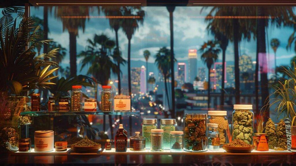 a vibrant display of cannabis products, artfully arranged against a backdrop of a bustling california cityscape adorned with palm trees, highlighting the aromatic and sensory influence of terpenes.