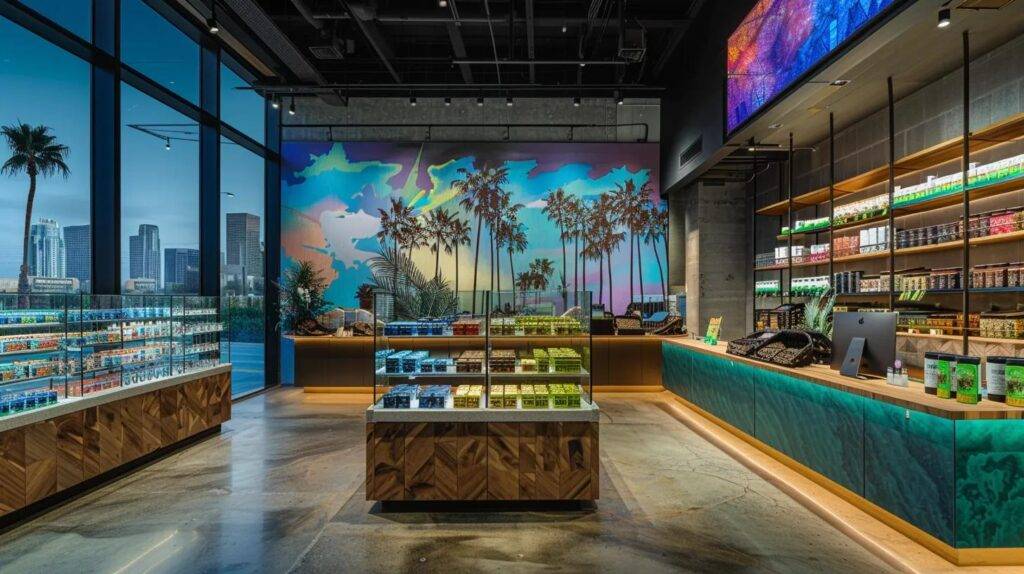 a vibrant display of cannabis products, including kiva chocolates and sour diesel, elegantly arranged against a sleek urban backdrop of west covina, featuring stylized palm trees and a dynamic city skyline.