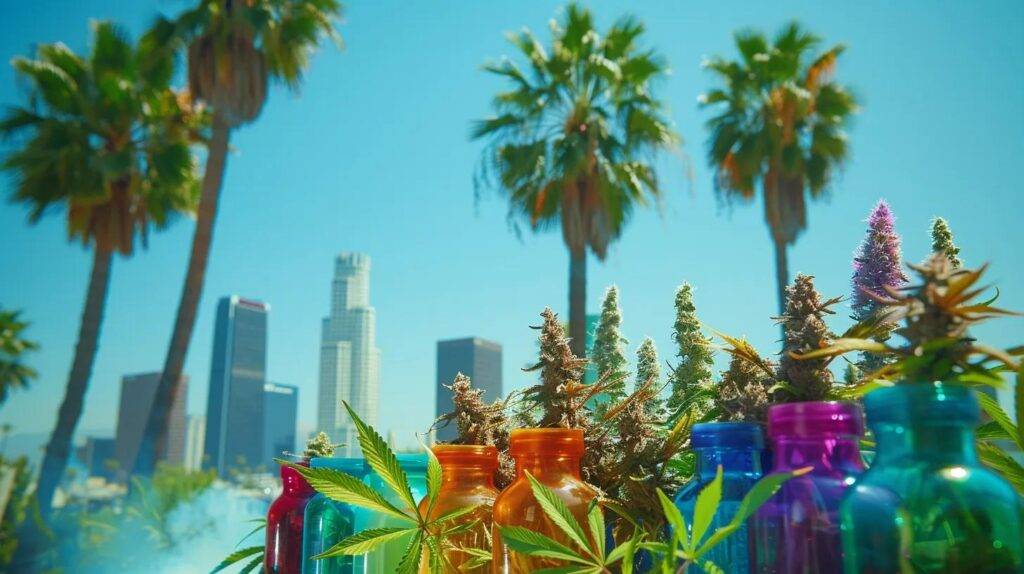a vibrant display of cannabis products, showcasing the colorful blue razz strain against a striking california cityscape backdrop, featuring palm trees and a clear blue sky that conveys its unique, balanced flavor profile.
