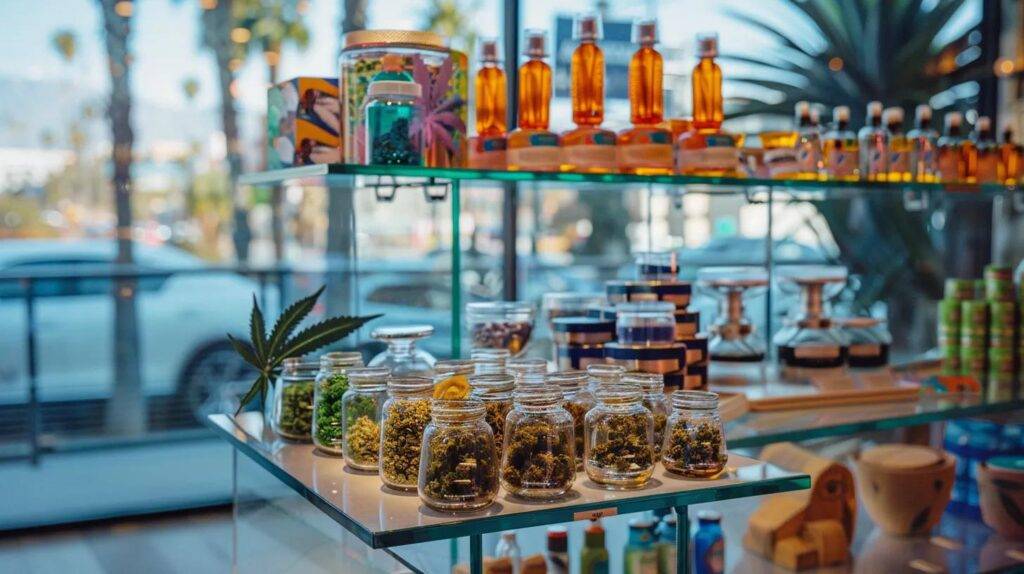 a vibrant display of cannabis seeds, sleek dab rigs, and colorful cbd gummies is set against a backdrop of california's urban skyline and palm trees, highlighting the innovative trends of the cannabis industry.