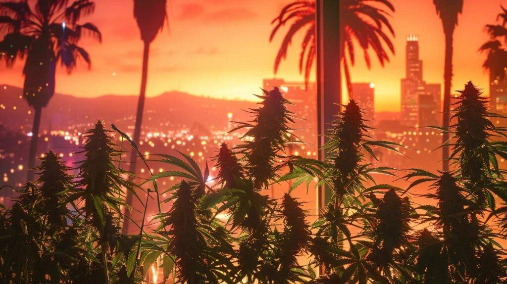 a vibrant display of carefully arranged cannabis strains, each labeled with detailed information, set against a sleek urban backdrop featuring iconic california cityscapes and silhouetted palm trees.