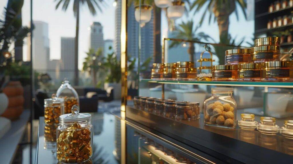 a vibrant display of elegantly packaged white truffle strain and live resin carts is arranged in a sleek urban lounge, with a stylish california cityscape and palm trees softly blurred in the background, creating a modern and inviting atmosphere.