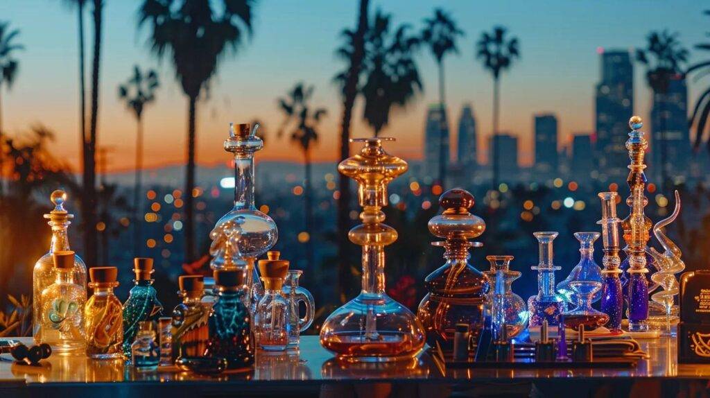 a vibrant display of high-quality dab rigs made from borosilicate glass, titanium, and quartz, artfully arranged in a sleek urban setting with a backdrop of california cityscapes and palm trees, highlighting their durability and craftsmanship.