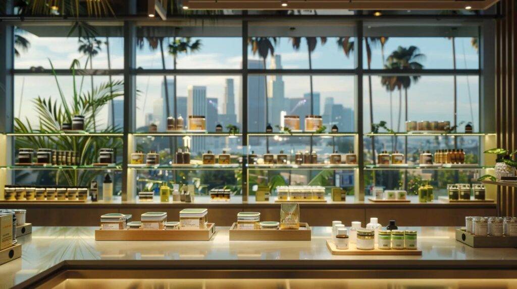 a vibrant display of high-quality cannabis products, elegantly arranged on a sleek countertop, set against a backdrop of california cityscapes with iconic palm trees, emphasizing the importance of authenticity and quality in online shopping.