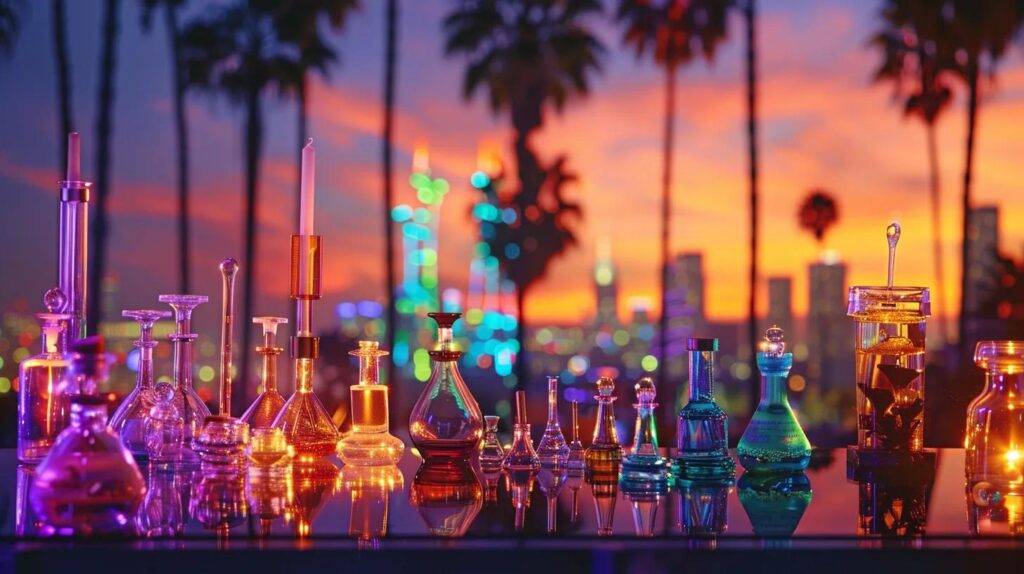 a vibrant display of high-quality dab rig accessories, including ceramic and titanium nails, precise dab tools, and sleek carb caps, is expertly arranged against a backdrop of california-inspired urban cityscapes, featuring iconic palm trees and a lively atmosphere.